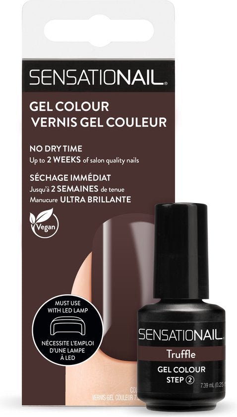 Caja y frasco del esmalte de gel para uñas semipermanentes marrones Truffle de la marca Sensationail