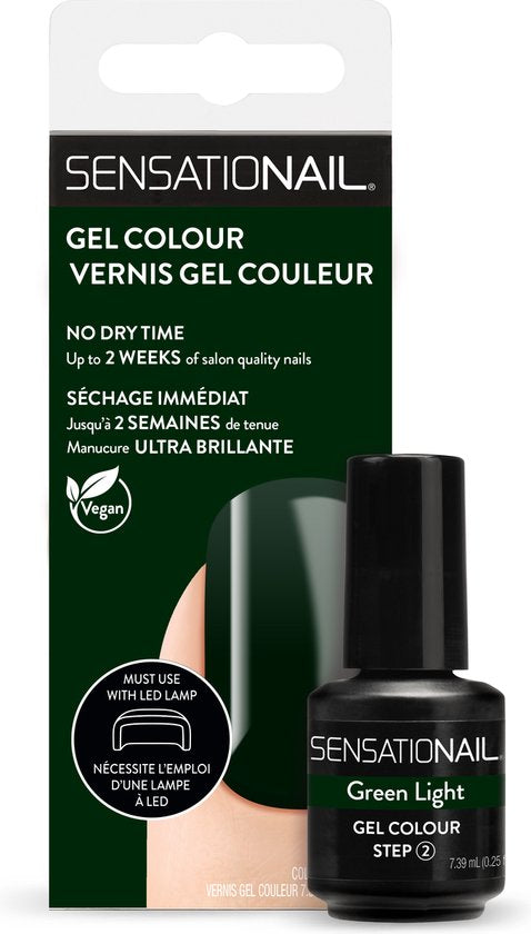 Caja y frasco del esmalte de gel para uñas semipermanentes brillantes de color verde Green Light marca Sensationail