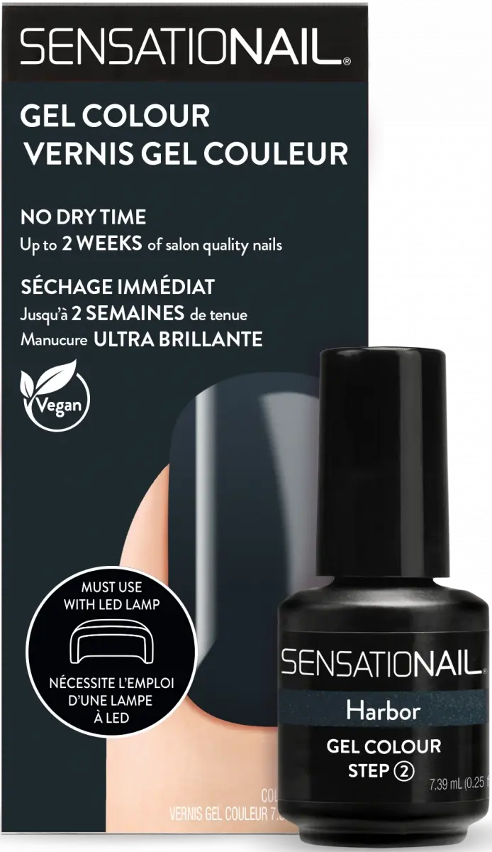 Caja y frasco del esmalte de gel para uñas semipermanentes verdes Harbor marca Sensationail