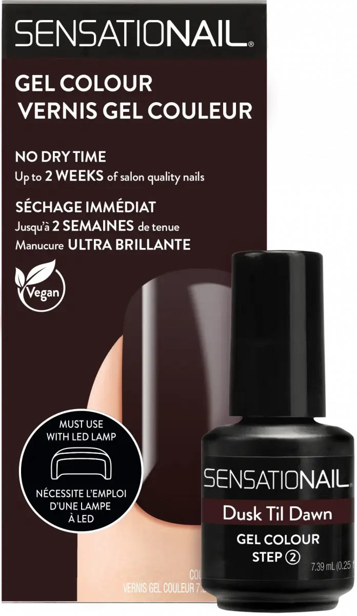 Caja y frasco del esmalte de gel para uñas semipermanentes de color marrón Dusk Til Dawn in the Rain marca Sensationail