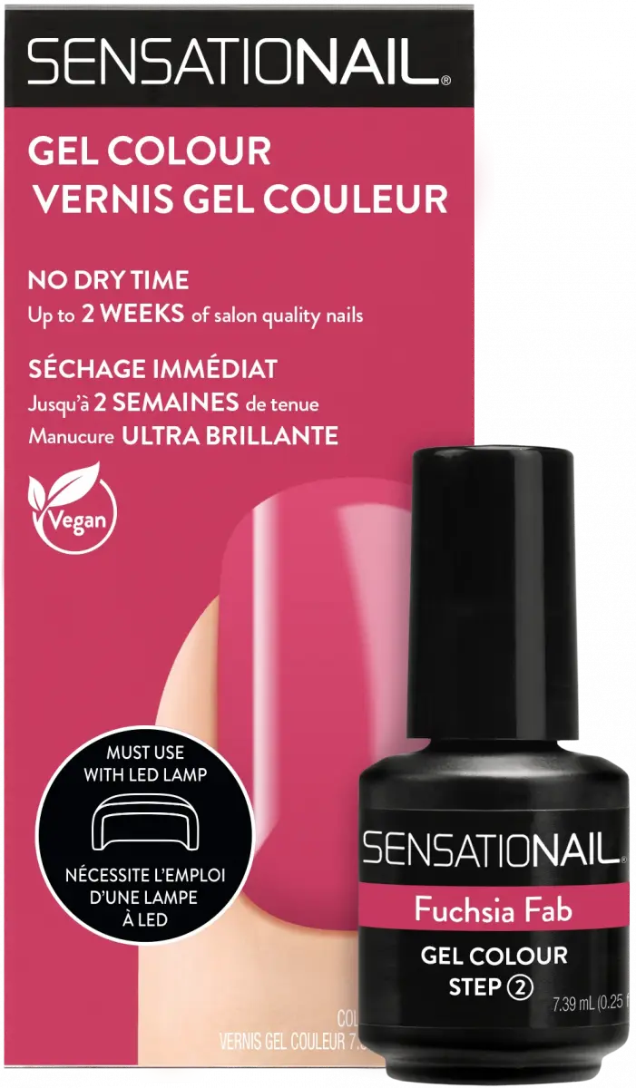 Caja y frasco del esmalte de gel para uñas semipermanentes de color rosa Fuchsia Fab marca Sensationail