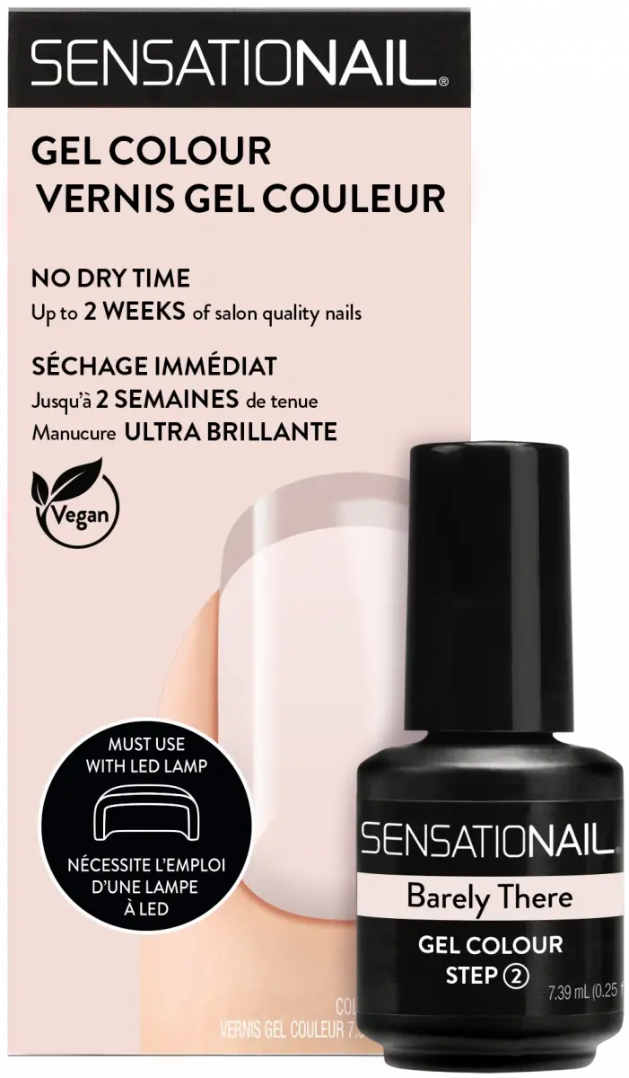 Caja y frasco del esmalte de gel para uñas semipermanentes de color beige Barely There marca sensationail