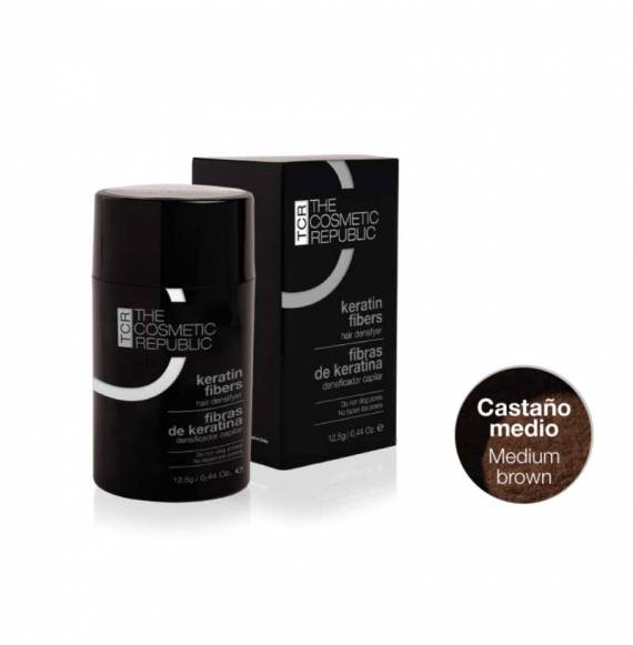 caja y bote de Fibras capilares KERATINE FIBERS castaño medio de The Cosmetic Repubic